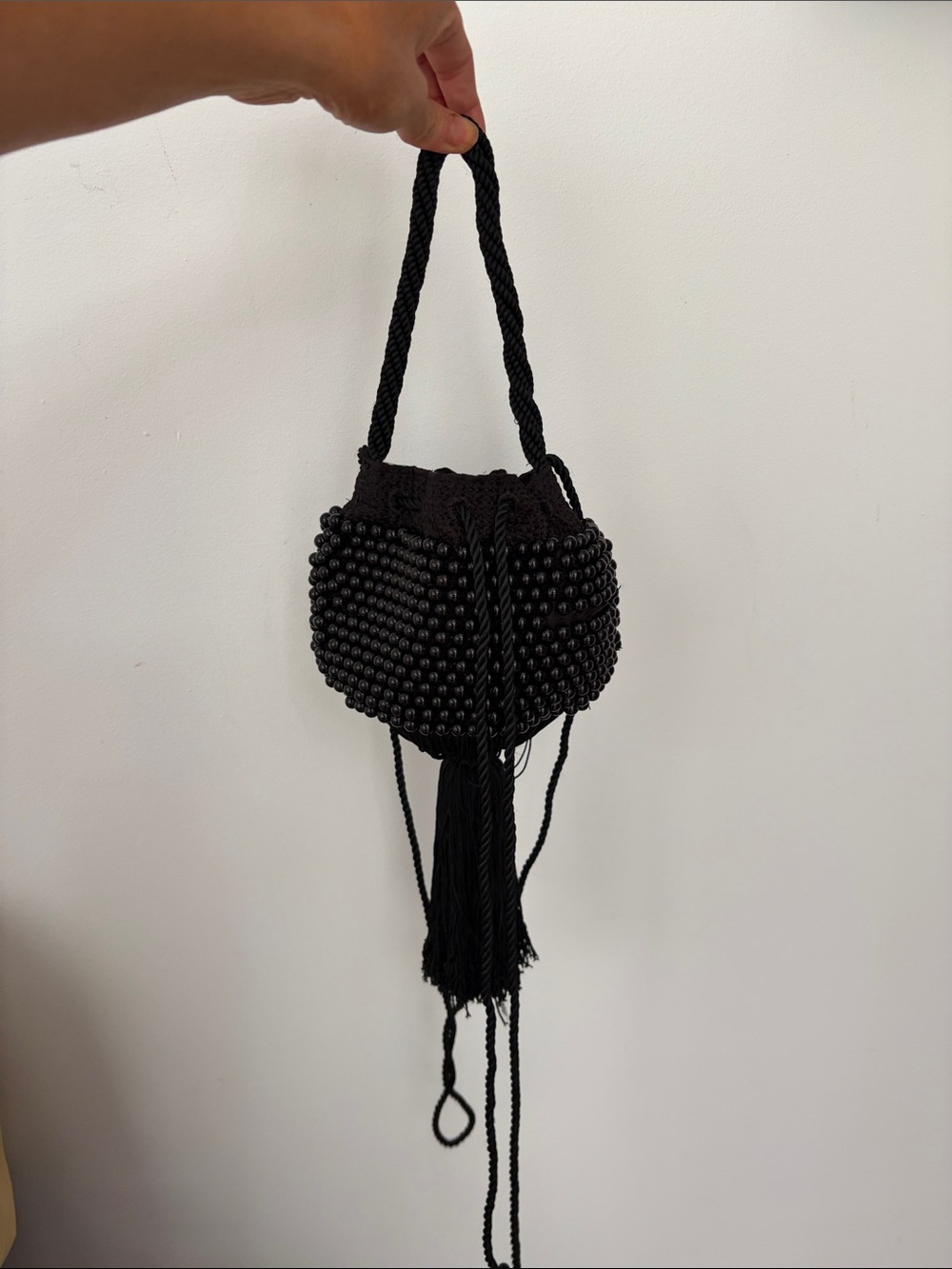 Black Beaded Drawstring Evening Bag